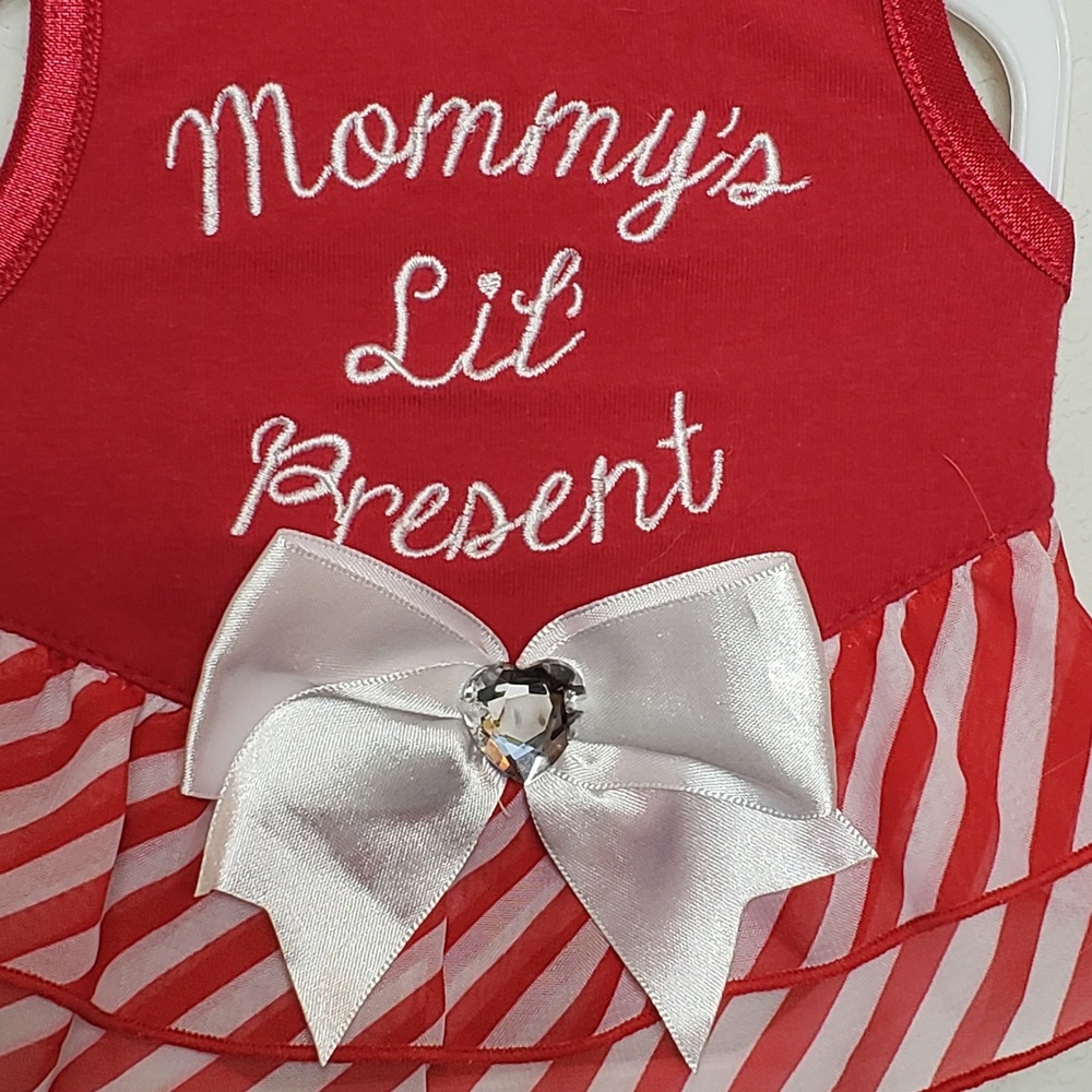 Red‎ Mommy Lil Present Dog Dress Puppy Pet Clothes Sparkly Bow Holiday - Picture 3 of 5